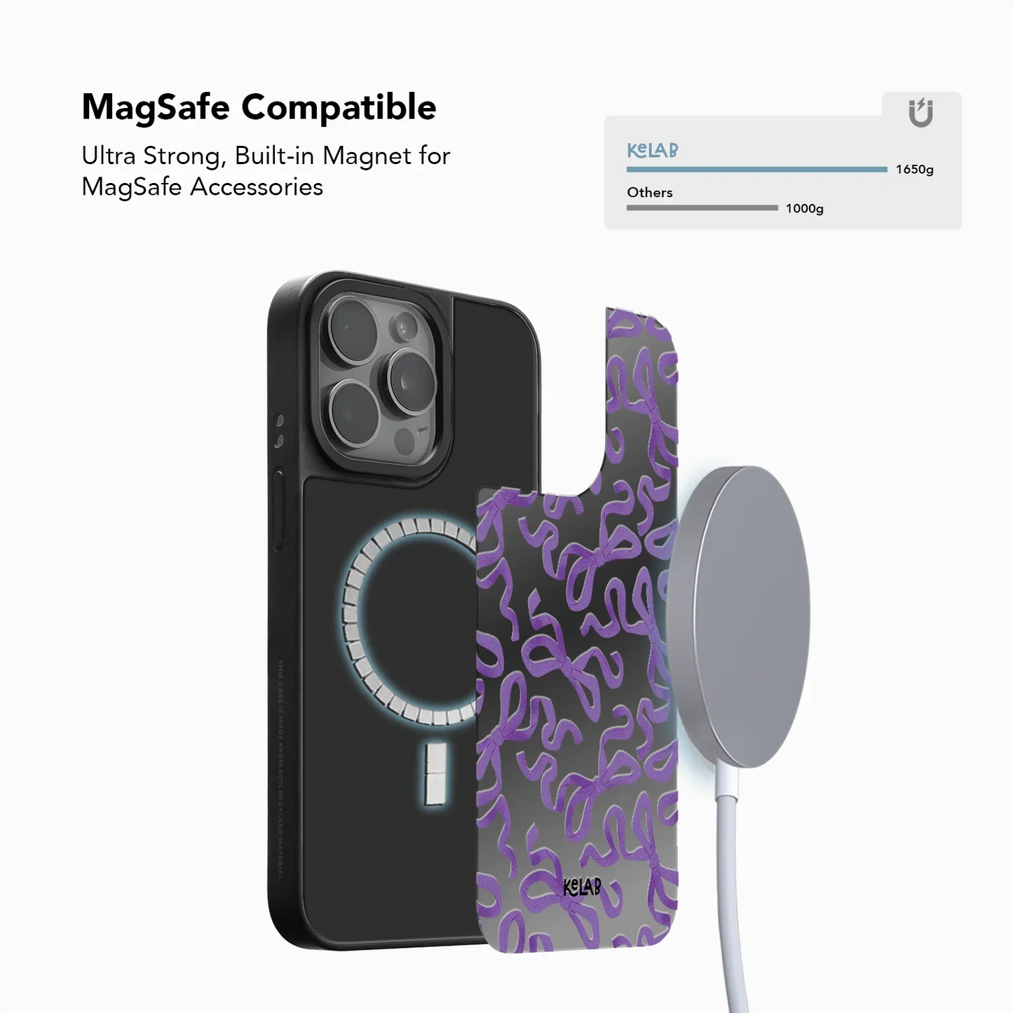 MagSafe compatible mirror phone case with built-in magnet and purple bow design, combining spooky chic vibes with high-tech convenience.