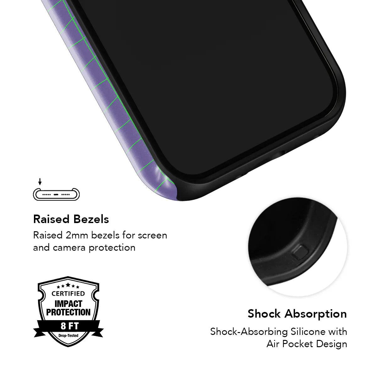 Close-up of KELAB phone case showing raised bezels and shock-absorbing silicone with air pocket design for impact resistance.