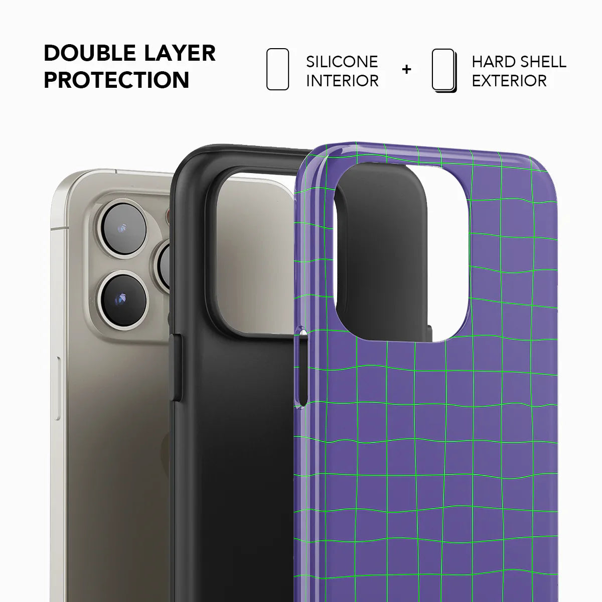 Double-layer phone case with silicone interior and hard shell exterior in purple grid design, offering enhanced drop protection.