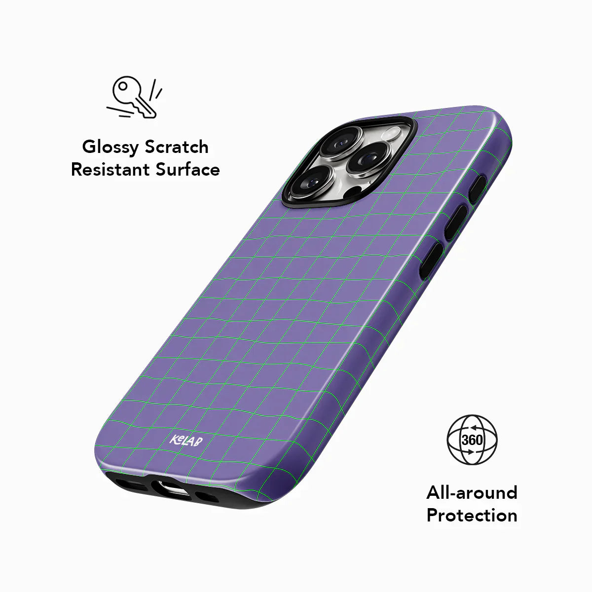 Glossy scratch-resistant purple phone case with green grid pattern, providing 360° all-around protection for iPhones.