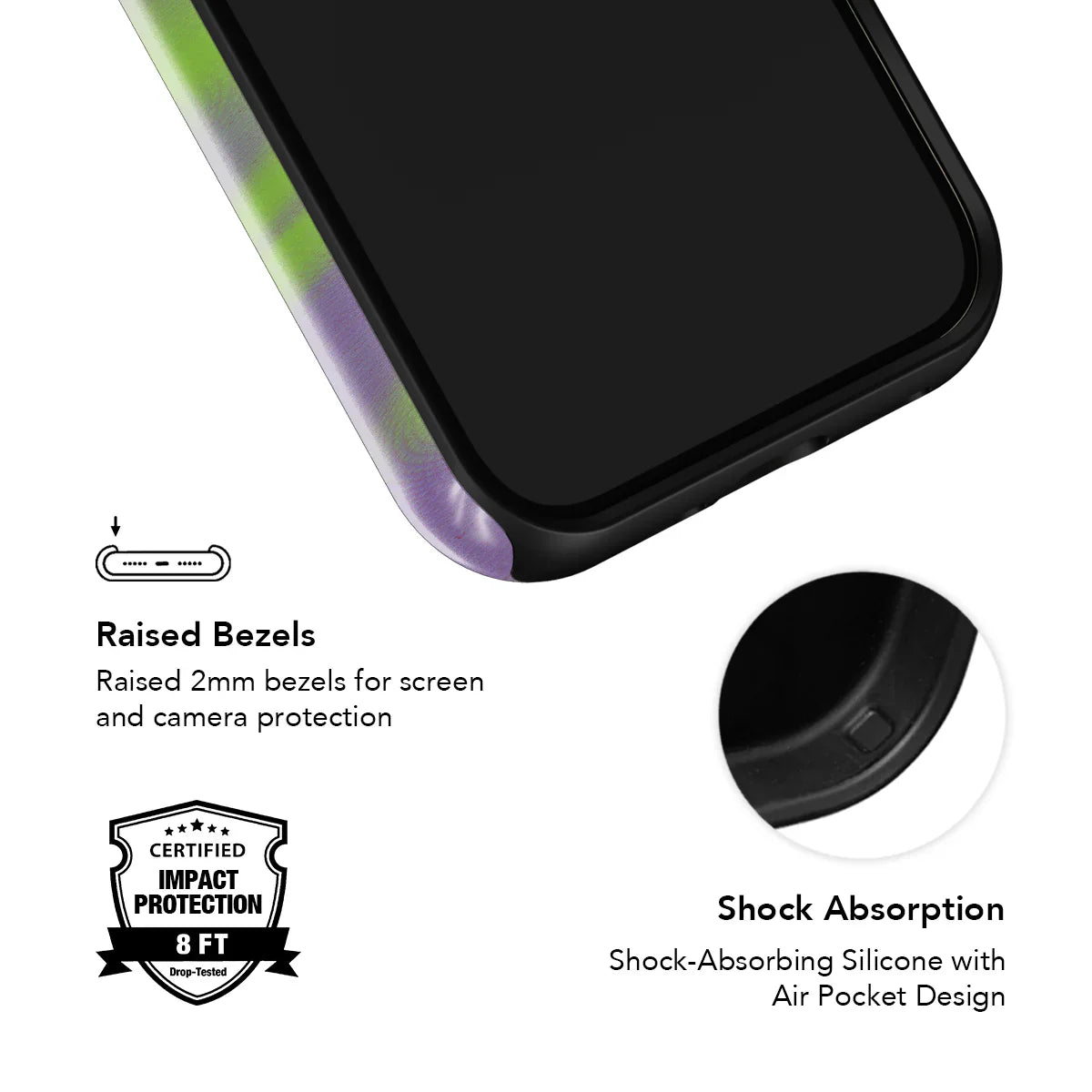 Close-up of raised bezels and shock-absorbing silicone with air pocket design for impact protection in KELAB's Y2K phone case.