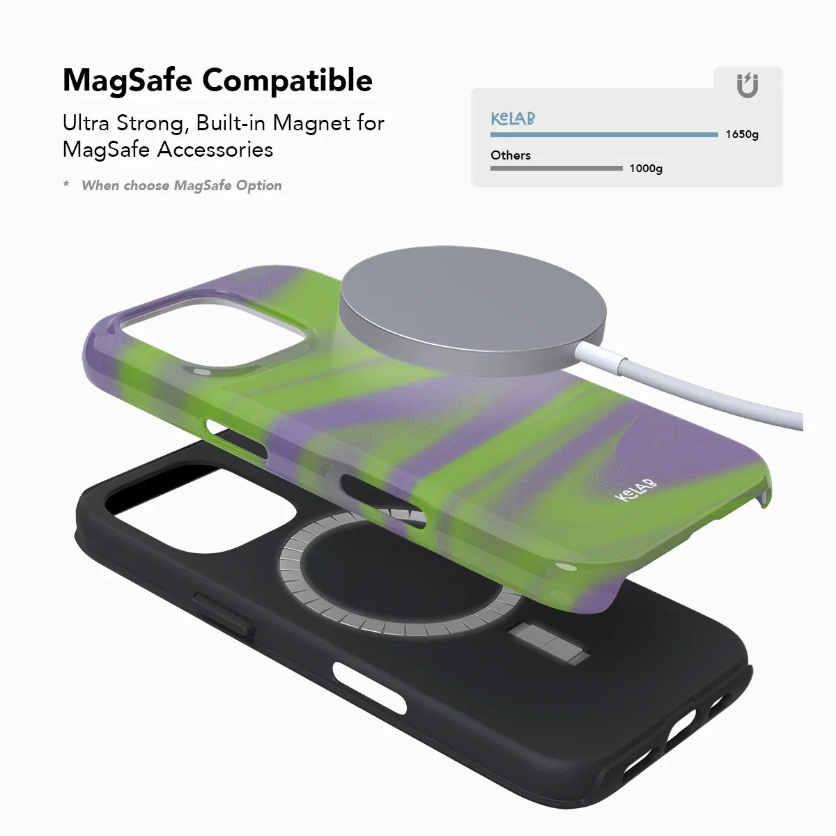 MagSafe compatible neon green and purple phone case with strong built-in magnet and dual-layer protection by KELAB.