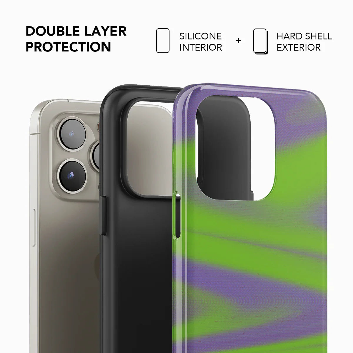 Double-layer KELAB phone case with silicone interior and hard shell exterior in neon green and purple for enhanced protection.