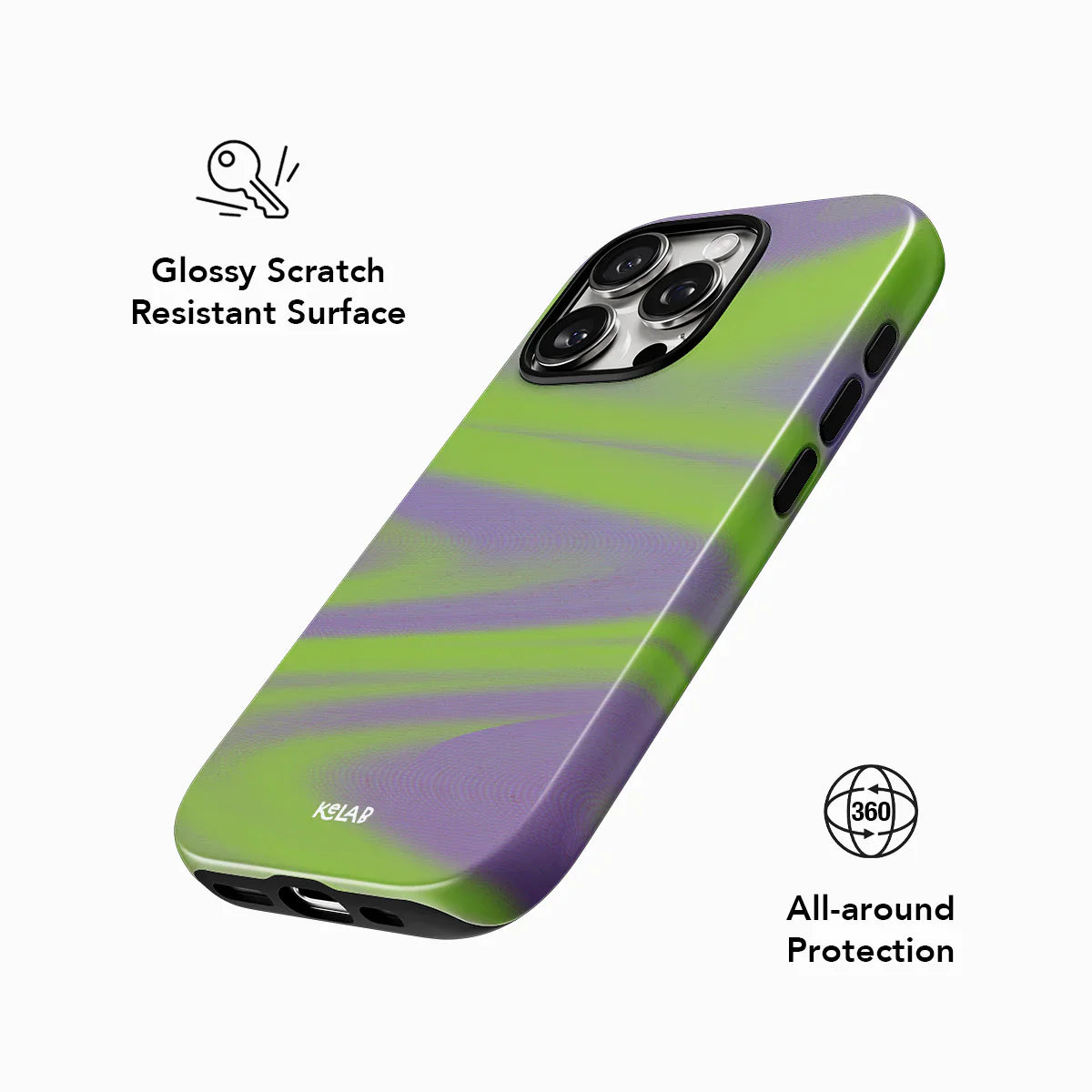 Glossy scratch-resistant neon green phone case with 360° protection and futuristic Y2K purple wave design by KELAB.