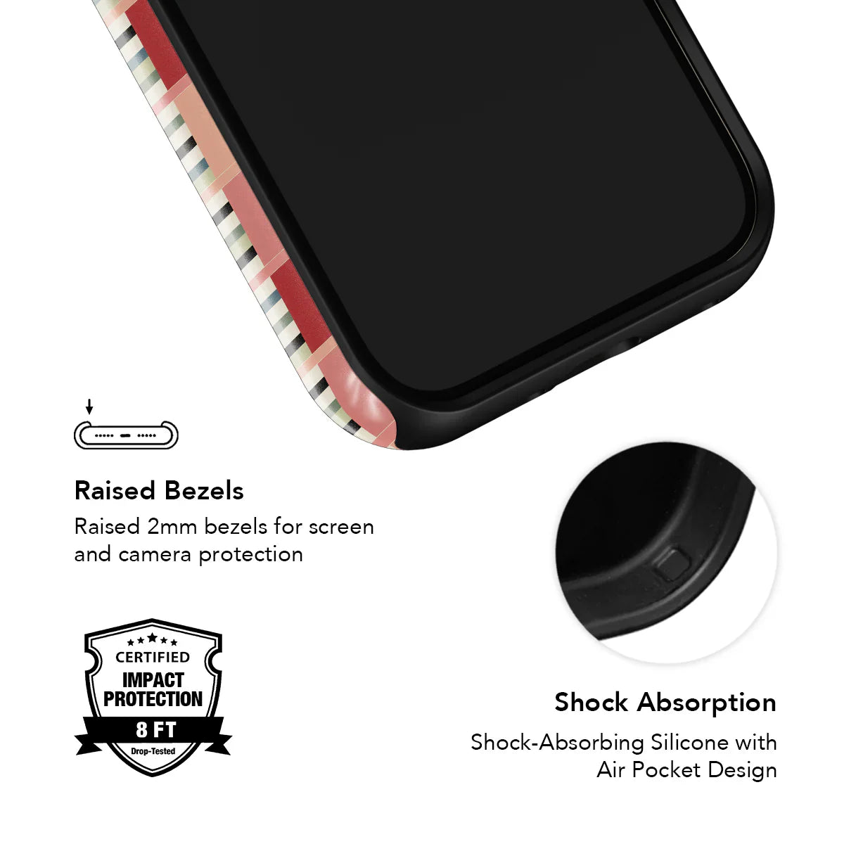 Phone case with raised bezels and shock absorption features on a white background