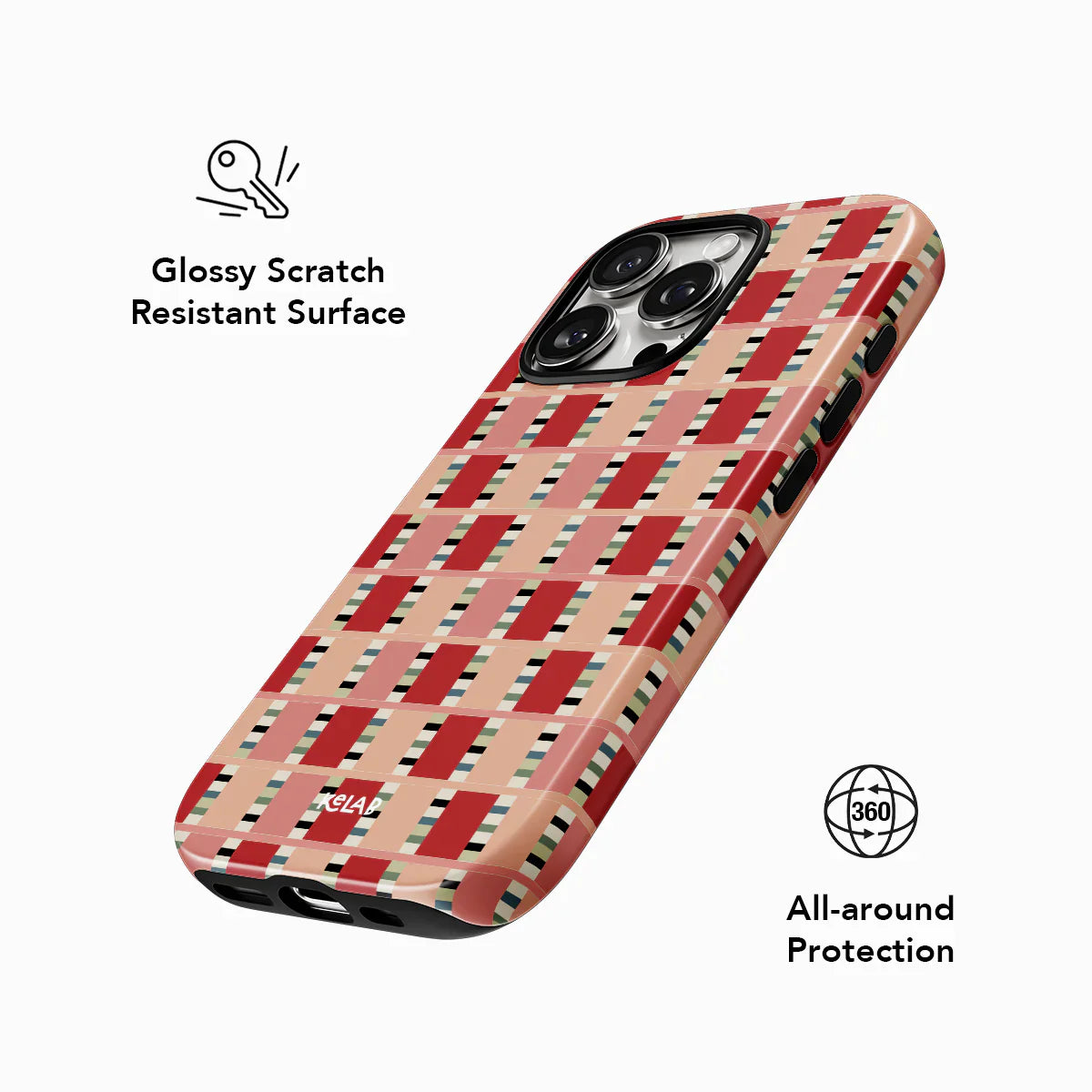 Phone case with red and beige geometric pattern on a white background