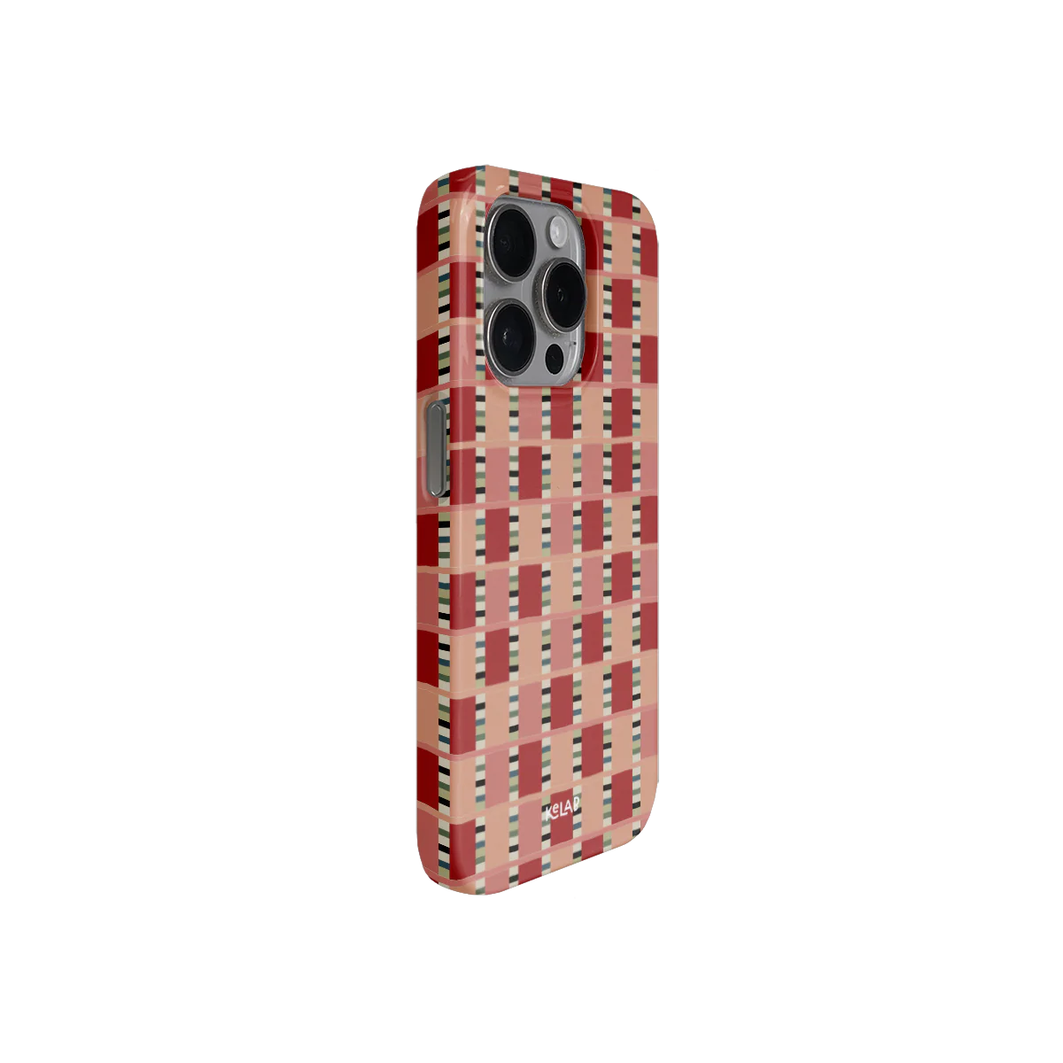 side view of Phone case with a red and beige woven pattern on a white background