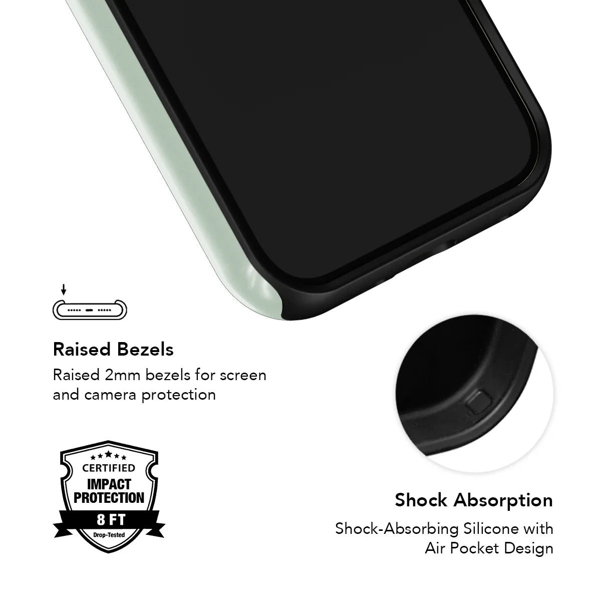 Close-up of KELAB Sage Phone Case showing raised bezels and shock-absorbing silicone with air pocket design for impact protection.