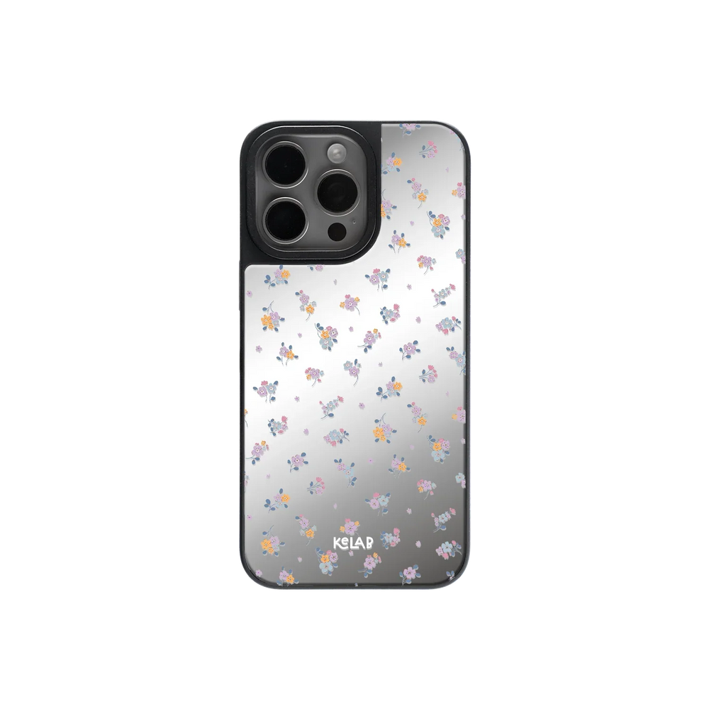 KELAB Purple Flower Phone Case with mirror back and dreamy blue butterfly design for iPhone, featuring a glossy reflective surface.