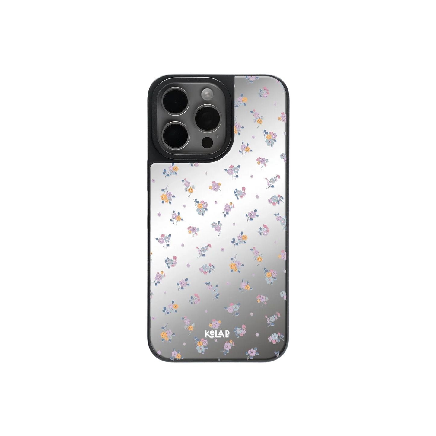 KELAB Purple Flower Phone Case with mirror back and dreamy blue butterfly design for iPhone, featuring a glossy reflective surface.