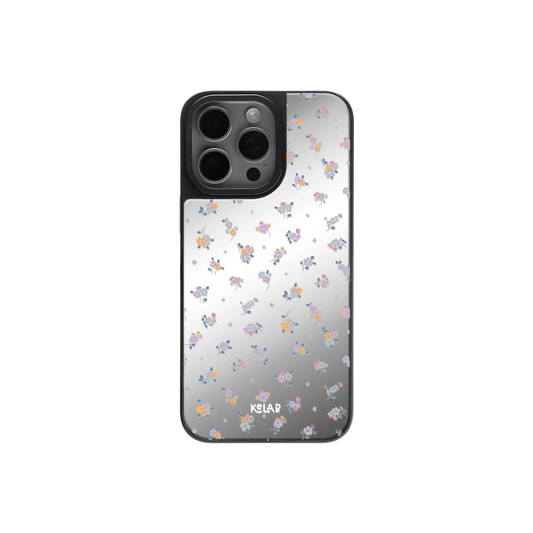 KELAB Purple Flower Phone Case with mirror back and dreamy blue butterfly design for iPhone, featuring a glossy reflective surface.