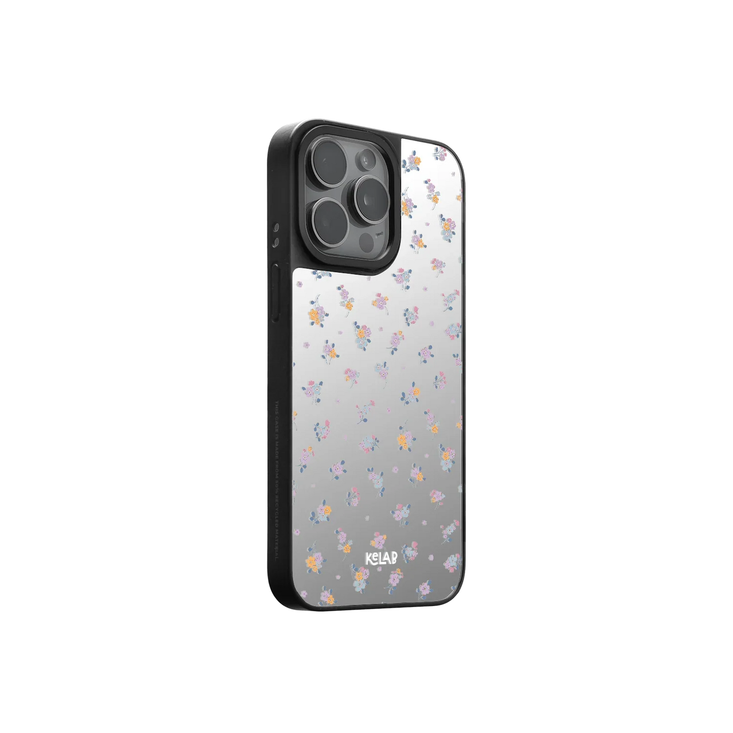 Side view of KELAB Dreamy Blue Butterfly Clear Case with purple floral print and mirror finish, compatible with iPhone models.