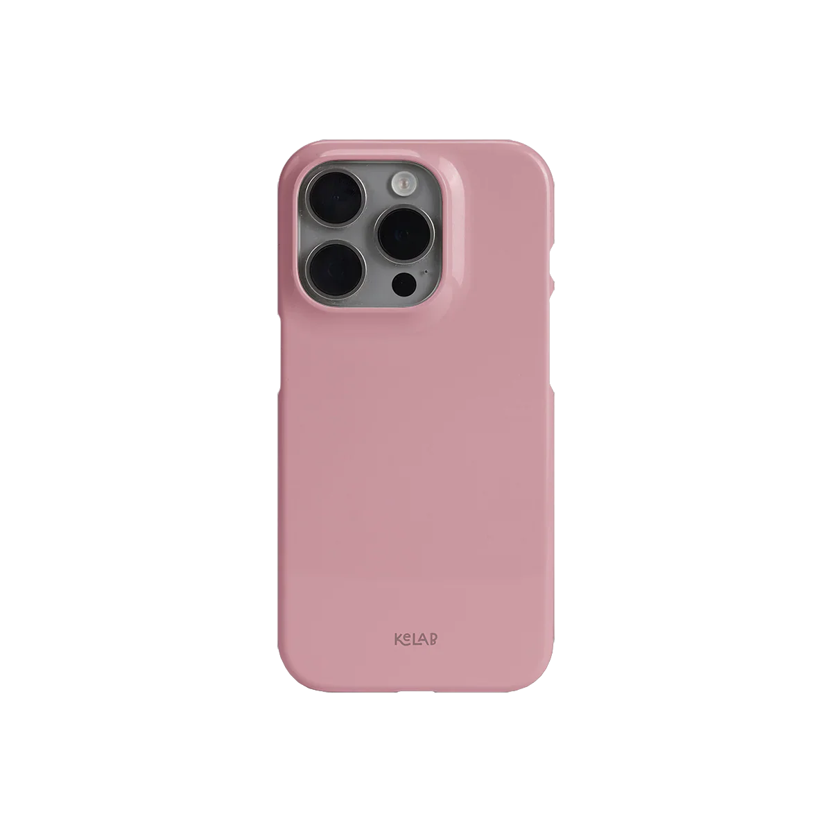 Back view of KELAB solid pink phone case with glossy finish, designed for iPhone with minimalist and stylish appeal.