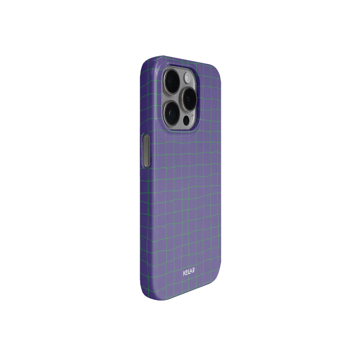Angled view of the Violet Thread phone case by KELAB, featuring a bold purple base with neon green grid for a modern tech-savvy look.