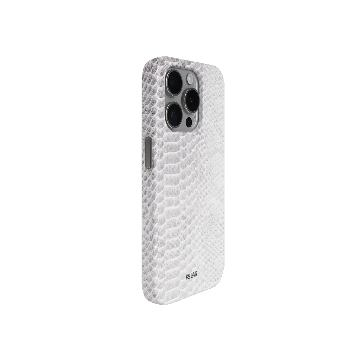 Side angle of KELAB White Snake Skin Print iPhone Case highlighting embossed texture and premium minimalist style.