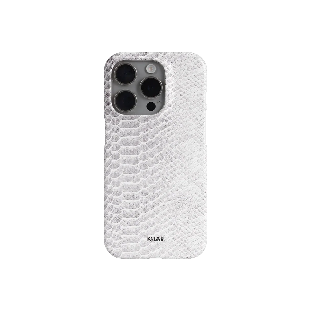 Back view of KELAB White Snake Skin Print iPhone Case with detailed snake texture and subtle pearlescent surface.
