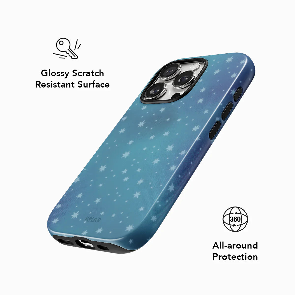 Glossy, scratch-resistant KELAB star iPhone case in blue with 360° protection and dreamy celestial design for cosmic phone style.