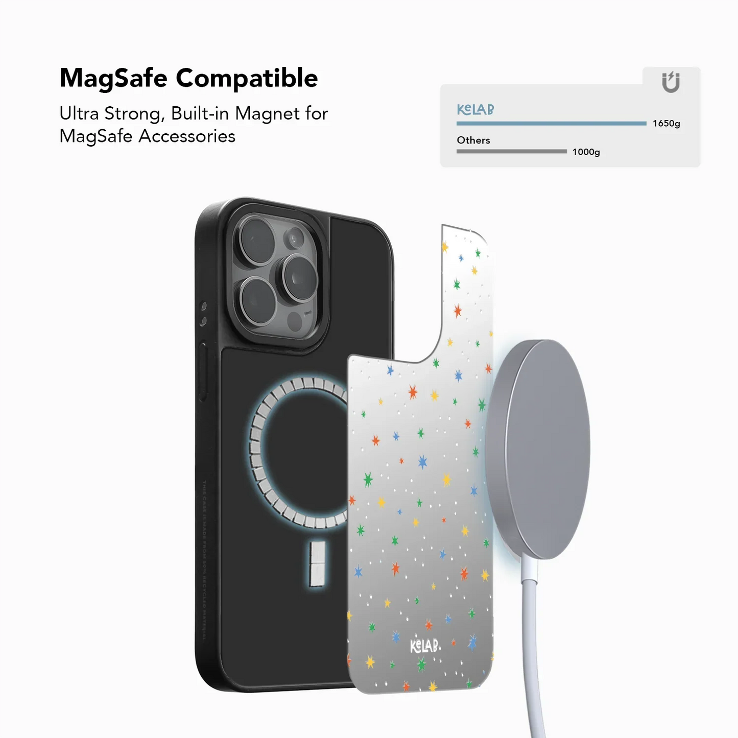 Exploded view of KELAB starry mirror phone case showing MagSafe compatibility with strong built-in magnet for accessories.