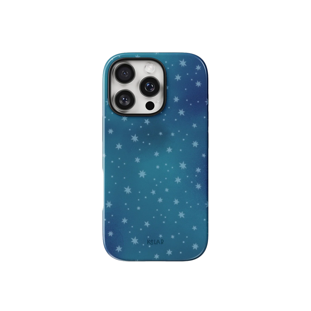 Blue Star iPhone Case for Dreamy, Celestial Aesthetic by KELAB featuring a starry midnight sky design with glossy finish and camera cutout.