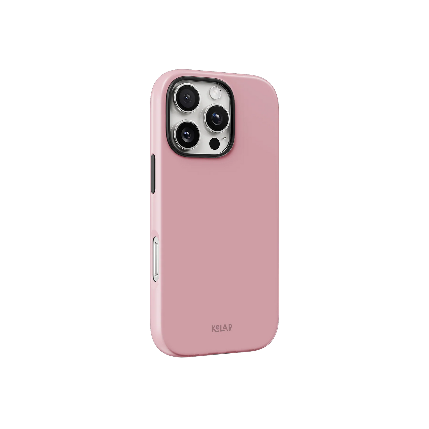 Minimalist solid pink phone case from KELAB shown at an angle, highlighting its slim profile and soft pastel color.