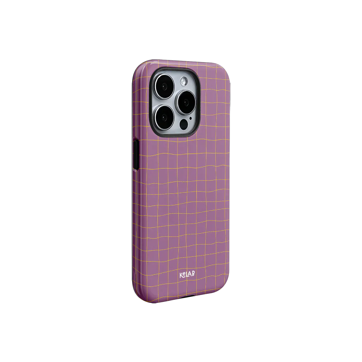 KELAB pink yellow grid phone case featuring a retro-chic mauve base and hand-drawn orange lines, perfect for fashion-forward phone protection.