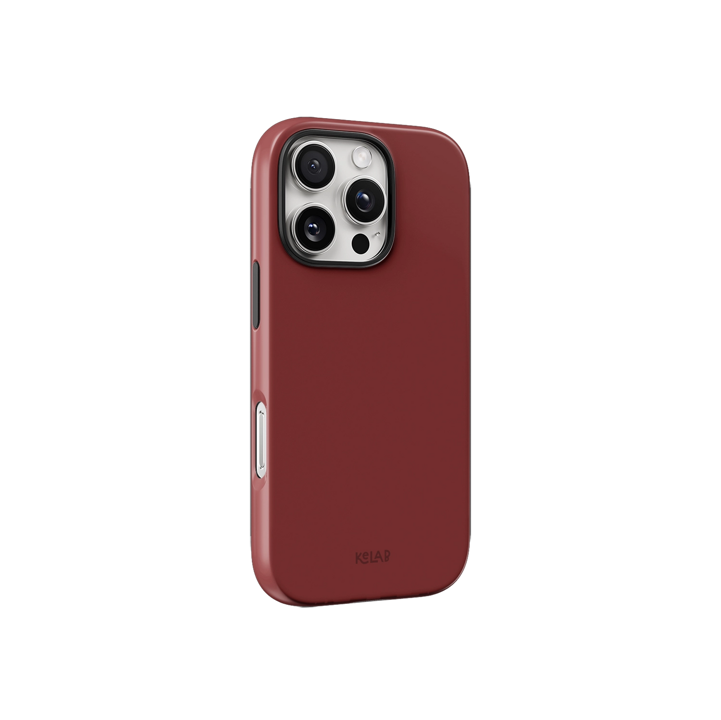 Terracotta Heat solid burnt red phone case by KELAB in minimalist design, side view showing slim profile and button cutouts.