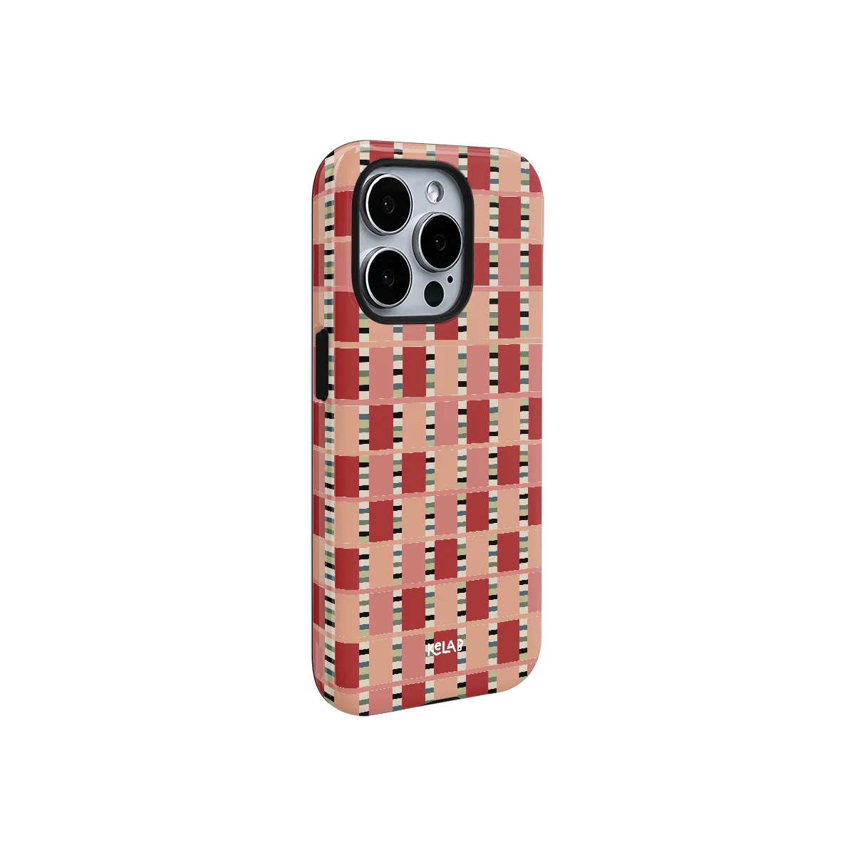 Phone case with a red and beige checkered pattern on a white background
