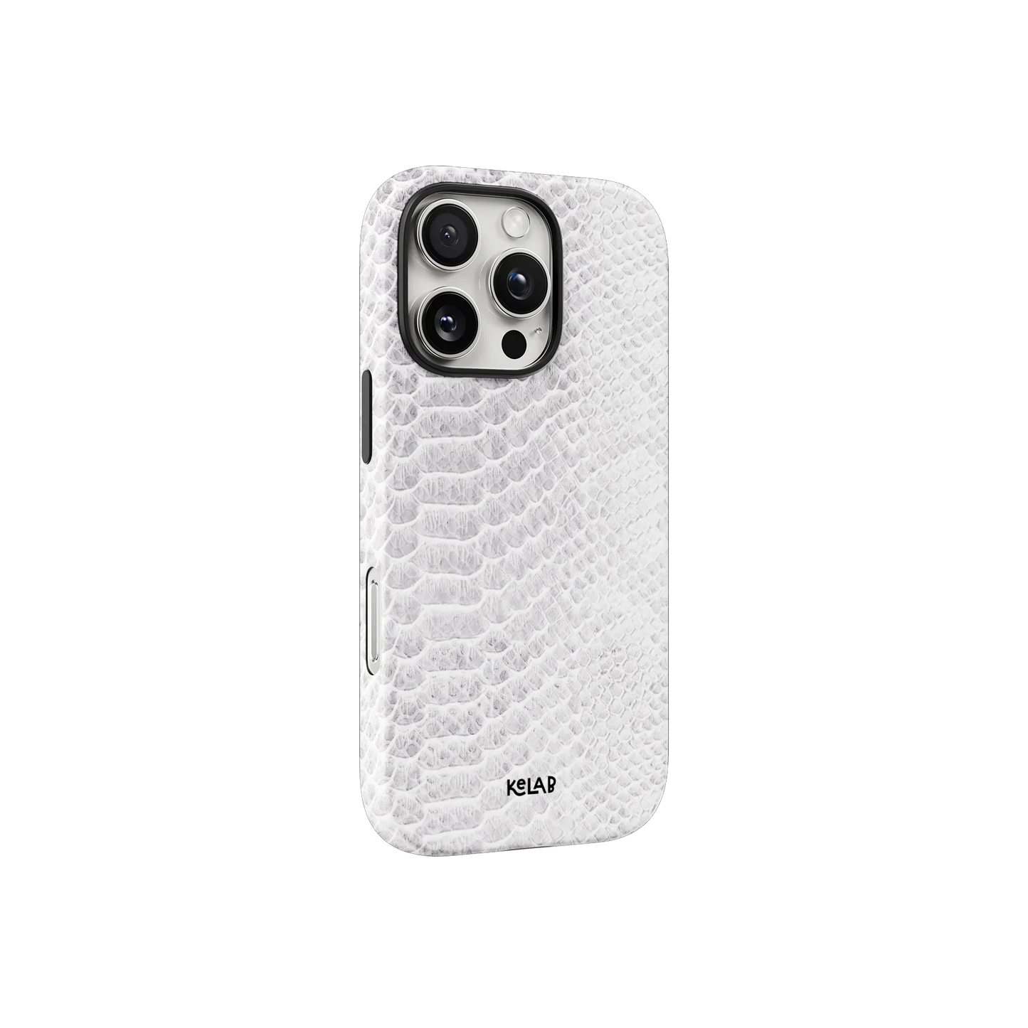 Angled view of KELAB White Snake Skin Print iPhone Case showing textured faux-snake pattern and sleek ivory-toned design.