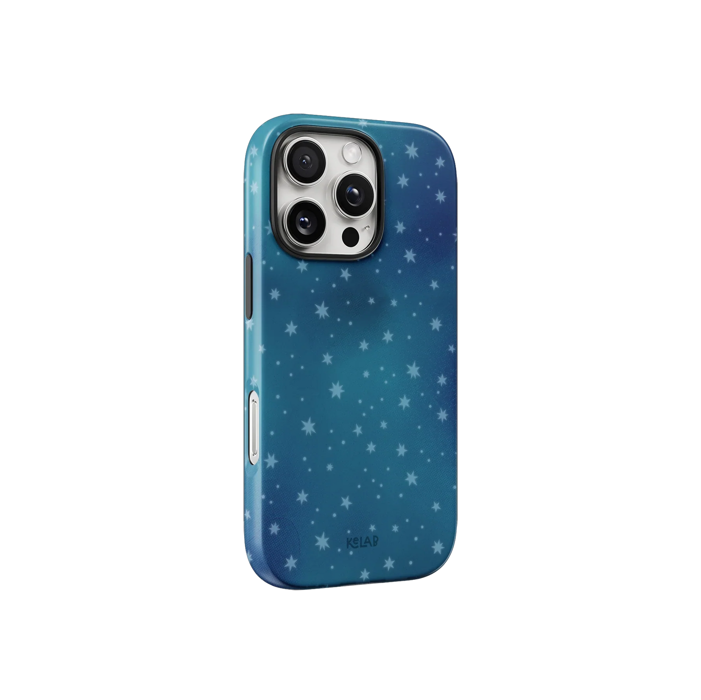 KELAB Moon Mist star phone case in indigo blue with white stars, offering a dreamy celestial look and sleek side profile for iPhones.