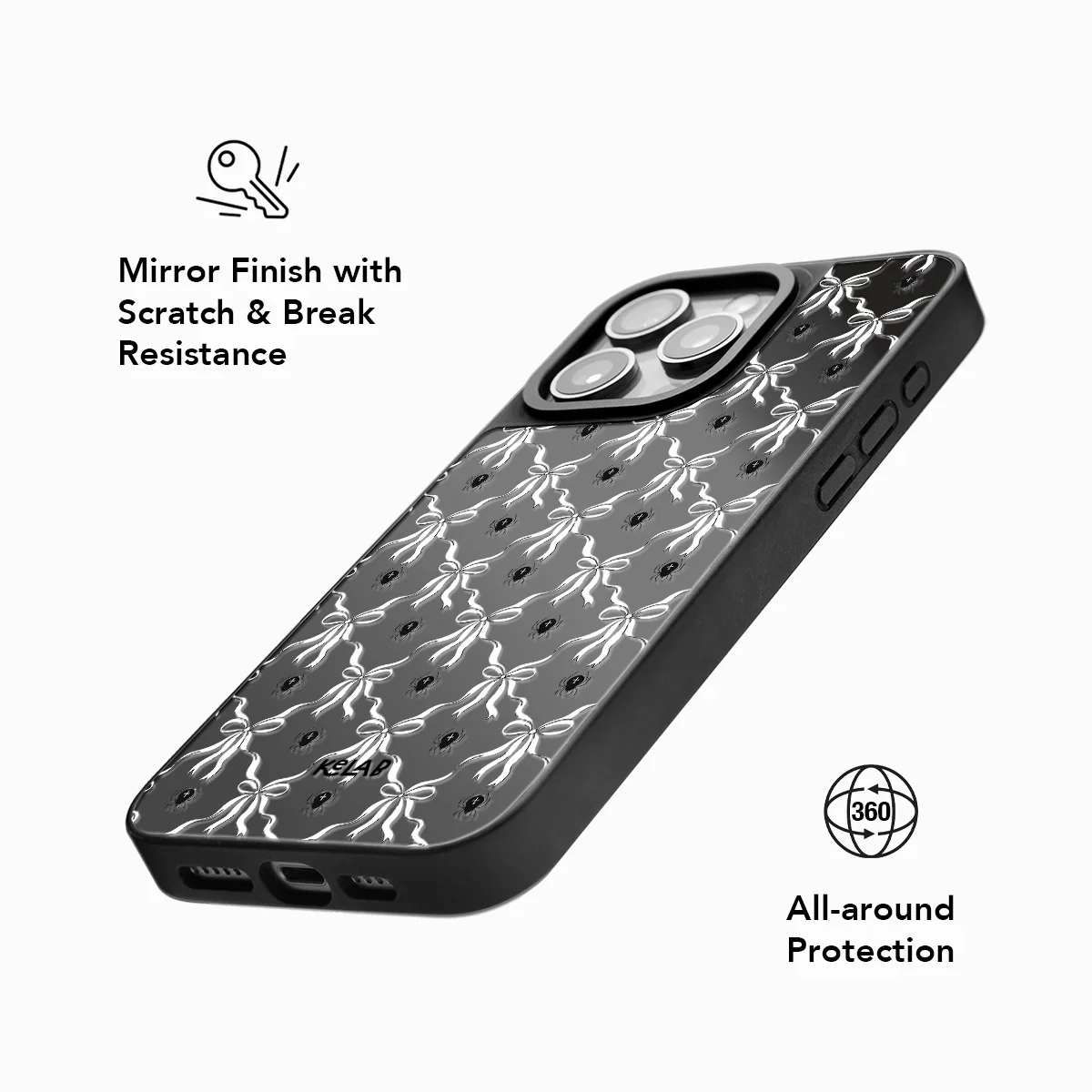 Mirror finish gothic phone case with violet bow design, offering scratch resistance and 360-degree protection for spooky Halloween flair.