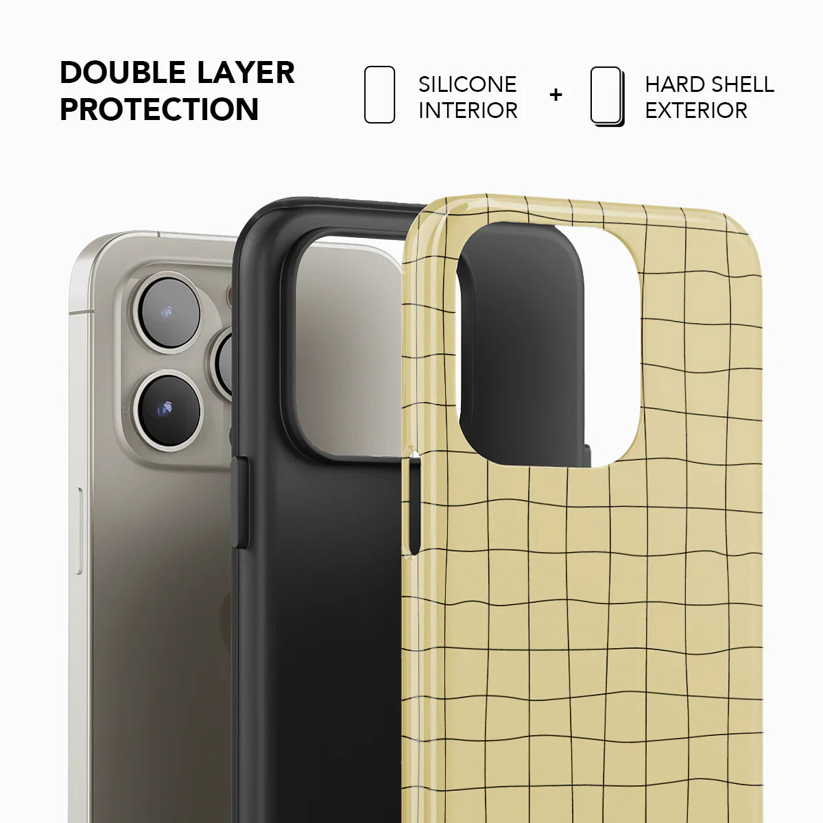 Double-layer phone case in butter yellow grid design with silicone interior and hard shell exterior. Durable protection with minimalist style.